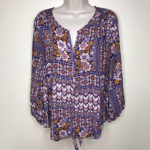 Collective Concepts Print Boho Tie Front Long Sleeve Blouse Womens Size XL - Picture 12 of 12